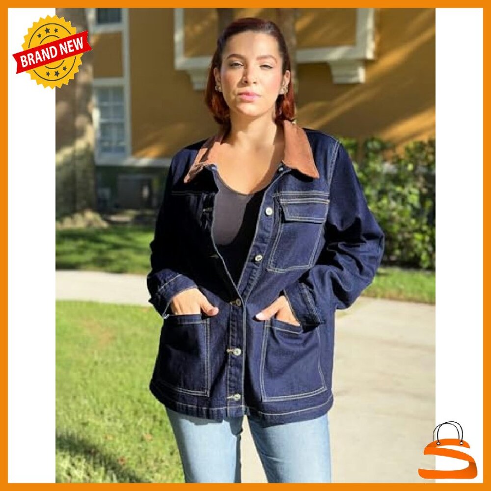 Oversized Denim Jacket with Corduroy Collar, Loose Fit, Button Front, Pockets - Picture 7 of 8